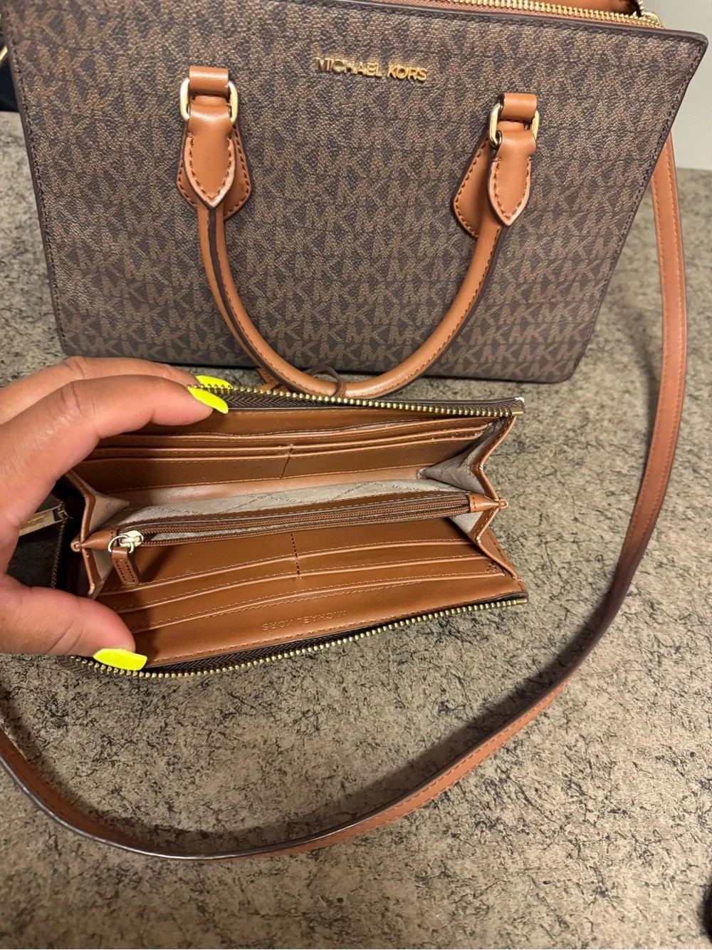 Michael Kors Brown Logo Tote with Tan Leather Trim and Matching Wallet